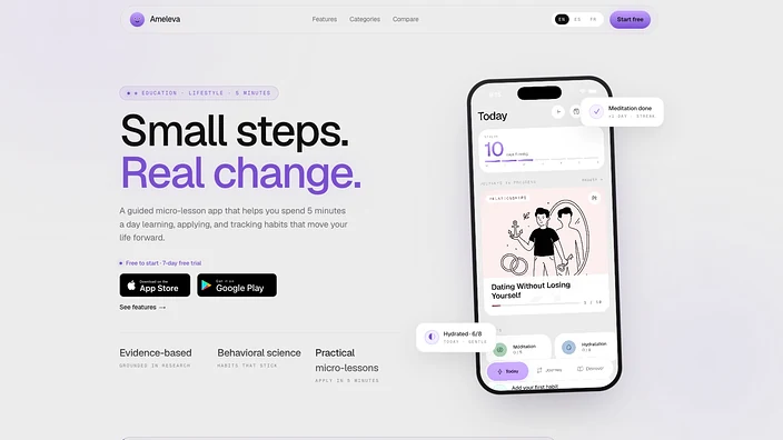 Portada de Ameleva: «Small steps. Real change.», con la app mostrando el día de hoy, una racha de diez días y un trayecto sobre relaciones.