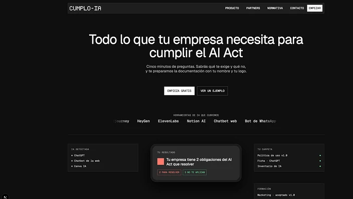 Portada de Cumplo-IA: «Todo lo que tu empresa necesita para cumplir el AI Act», con la IA detectada en la empresa, el resultado del diagnóstico y la carpeta de documentos generados.