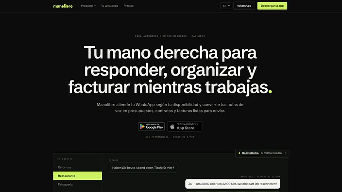 Portada de Manolibre: «Tu mano derecha para responder, organizar y facturar mientras trabajas», con una conversación de WhatsApp en alemán respondida automáticamente.
