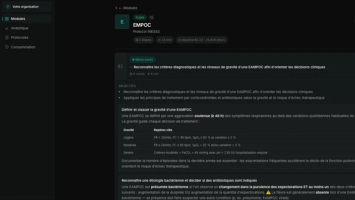 Panel de Nursio para centros: el módulo EMPOC generado desde un protocolo del INESSS, con sus etapas, su duración y el coste en fichas de haberlo generado.