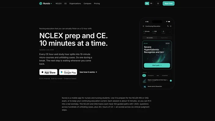 Portada de Nursio: «NCLEX prep and CE. 10 minutes at a time», con la app mostrando una ruta de hiperpotasemia grave y la biblioteca de casos.